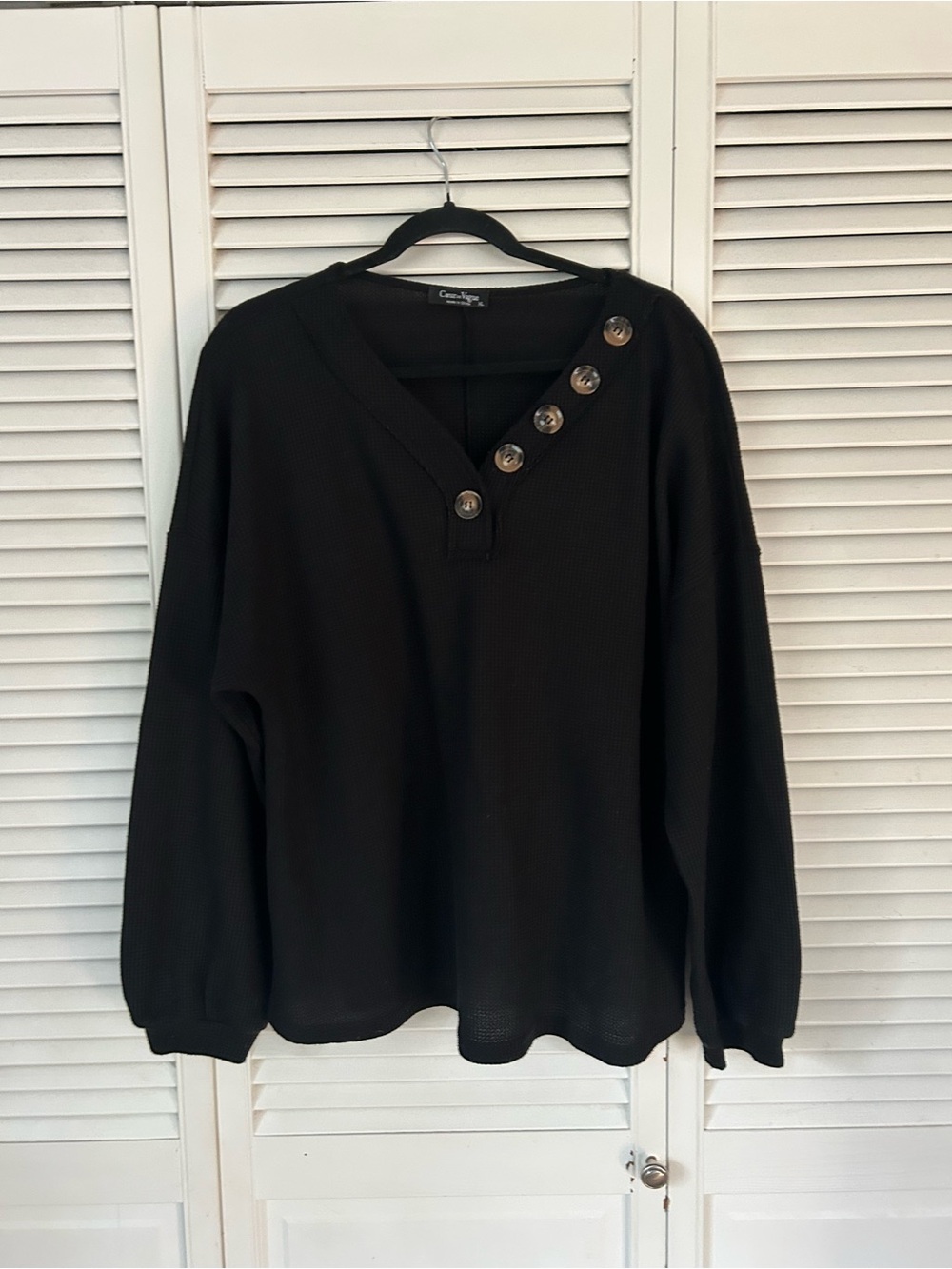 Caslon Black Long-Sleeve Top with Angled Button Placket